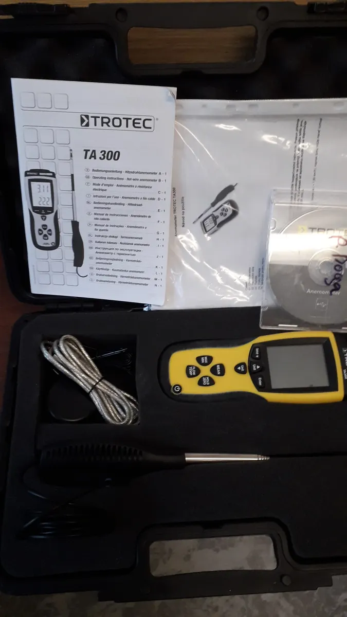 Anemometer Trotec TA 300 meria rýchlosť, prietok a teplotu 9V 90w A DC 250g, nový, manuál, kufrík, CD 148€