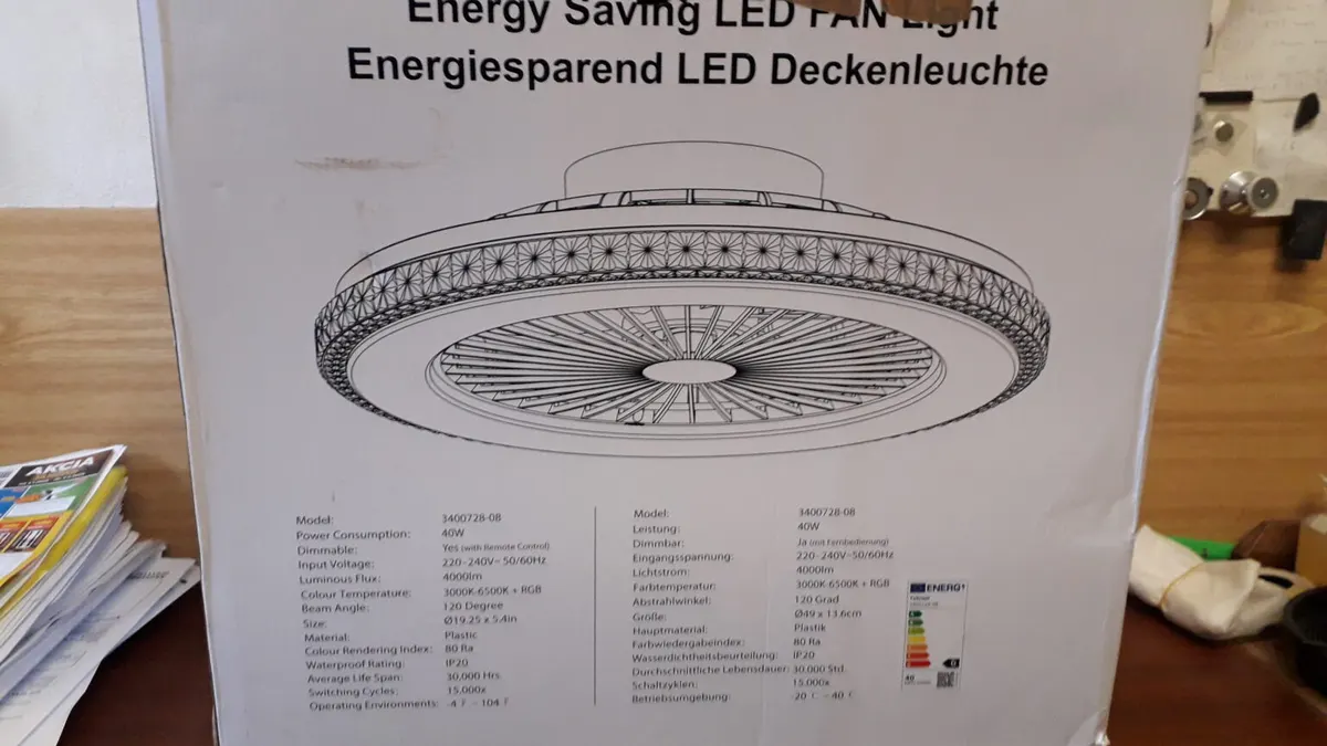 Stropový ventilátor s LED svietidlom zn. Tukrool model 3400728-08 40W 4000Lm 3000-6500K + RGB regulácia 75€ (cena na webe je 145€)